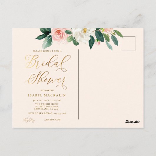 Blush Pink Waterverf Floral Girly Vrijgezellenfees Briefkaart (Achterkant)