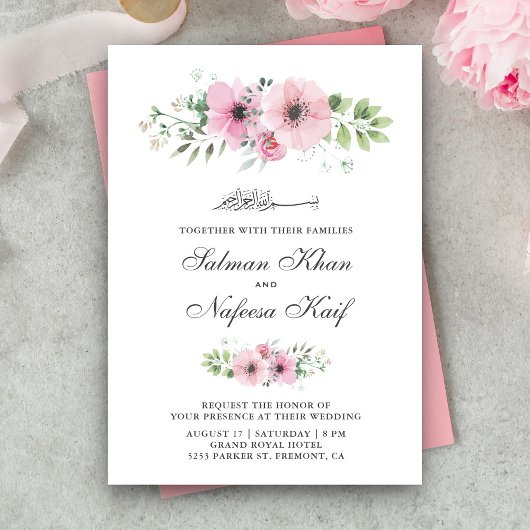 Blush Pink Waterverf Floral Islamic Wedding Kaart