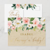 Blush Pink Waterverf Floral & Kraft Baby shower Briefkaart (Voorkant / Achterkant)