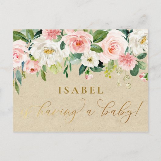 Blush Pink Waterverf Floral & Kraft Baby shower Briefkaart (Voorkant)