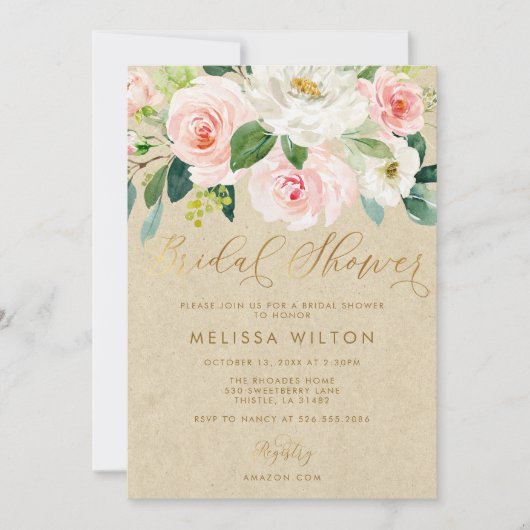 Blush Pink Waterverf Floral Kraft Vrijgezellenfees Kaart (Voorkant)