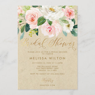 Blush Pink Waterverf Floral Kraft Vrijgezellenfees Kaart
