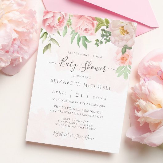 Blush Pink Waterverf Floral Peony Baby shower Kaart