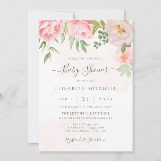 Blush Pink Waterverf Floral Peony Baby shower Kaart (Voorkant)