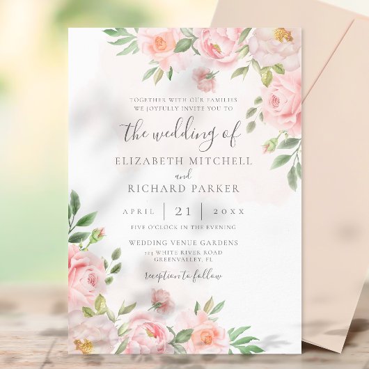 Blush Pink Waterverf Floral Peony Wedding Kaart