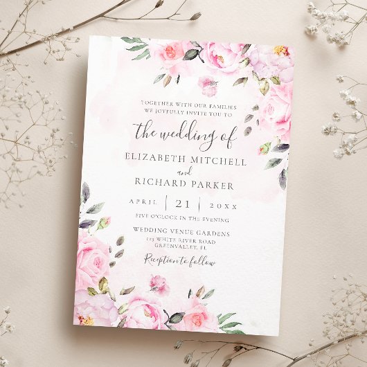 Blush Pink Waterverf Floral Peony Wedding Kaart