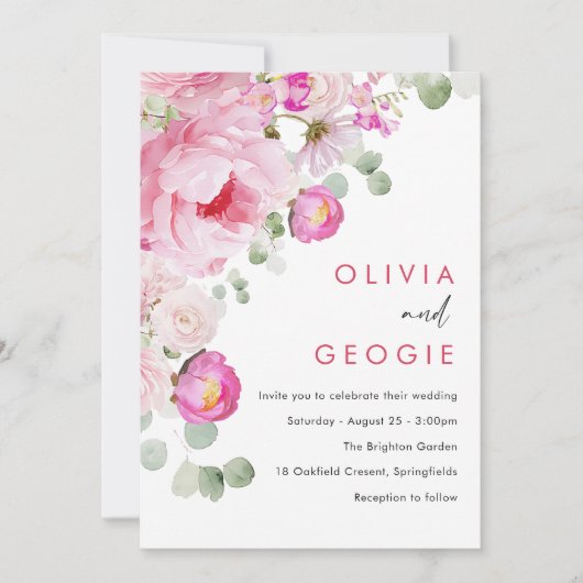 Blush Pink Waterverf Floral Peony Wedding Kaart (Voorkant)