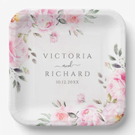 Blush Pink Waterverf Floral Peony Wedding Papieren Bordje