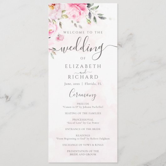 Blush Pink Waterverf Floral Peony Wedding Programmakaart (Voorkant)