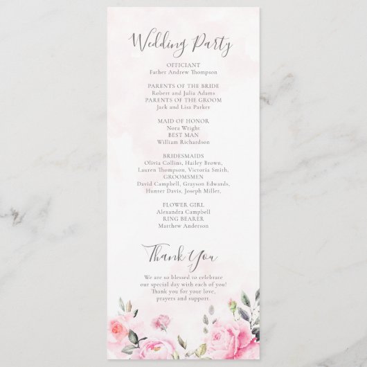 Blush Pink Waterverf Floral Peony Wedding Programmakaart (Achterkant)