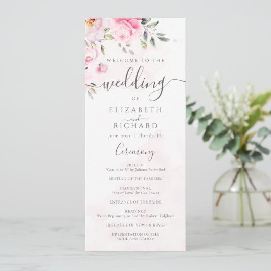 Blush Pink Waterverf Floral Peony Wedding Programmakaart (Staand voorkant)