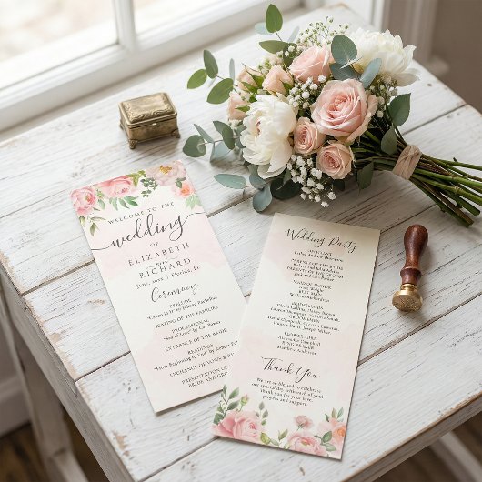 Blush Pink Waterverf Floral Peony Wedding Programmakaart