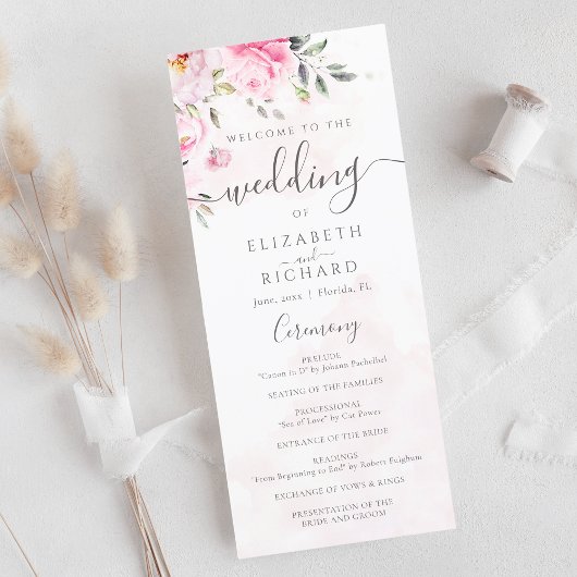 Blush Pink Waterverf Floral Peony Wedding Programmakaart