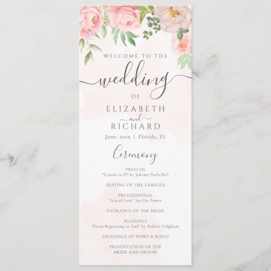 Blush Pink Waterverf Floral Peony Wedding Programmakaart (Voorkant)