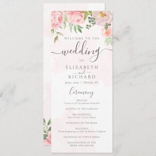 Blush Pink Waterverf Floral Peony Wedding Programmakaart (Voorkant / Achterkant)