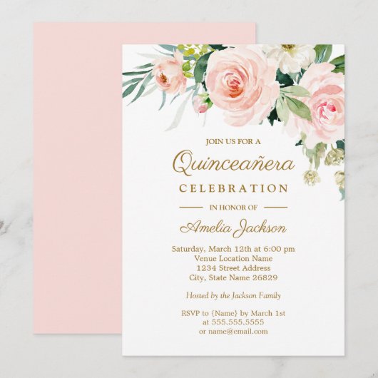 Blush Pink Waterverf Floral Quinceanera Kaart (Voorkant / Achterkant)