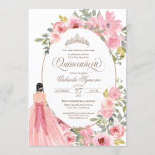 Blush Pink Waterverf Floral Quinceanera Kaart