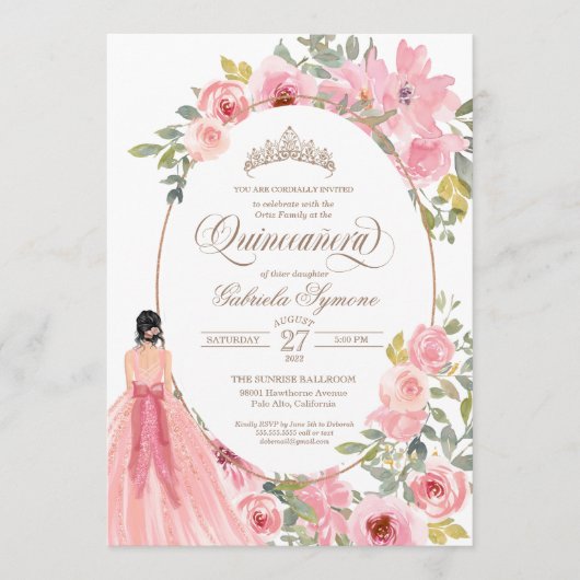 Blush Pink Waterverf Floral Quinceanera Kaart (Voorkant)