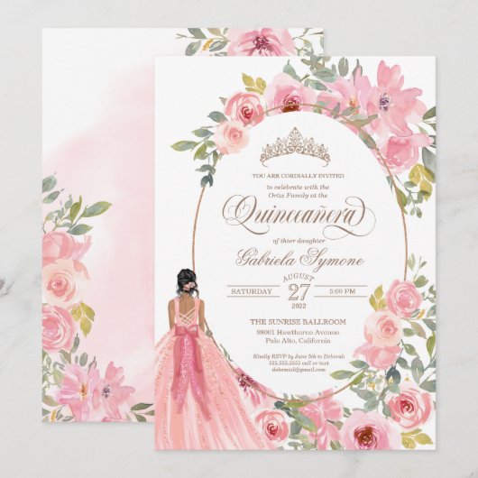 Blush Pink Waterverf Floral Quinceanera Kaart (Voorkant / Achterkant)