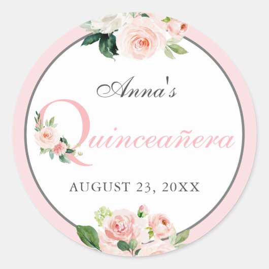 Blush Pink Waterverf Floral Quinceanera Ronde Sticker (Voorkant)