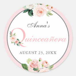 Blush Pink Waterverf Floral Quinceanera Ronde Sticker