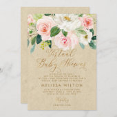 Blush Pink Waterverf Floral Virtual Baby shower Kaart (Voorkant / Achterkant)