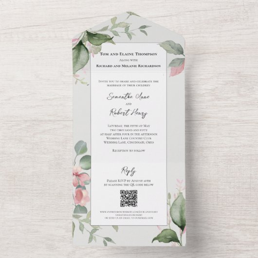 Blush Pink Waterverf Floral Wedding All In One Uitnodiging (Binnen)