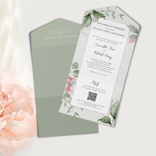 Blush Pink Waterverf Floral Wedding All In One Uitnodiging