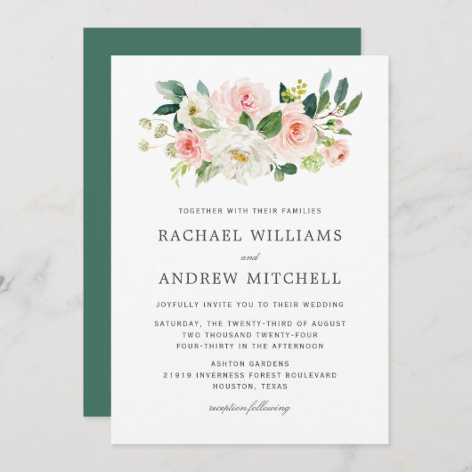 Blush Pink Waterverf Floral Wedding Kaart (Voorkant / Achterkant)