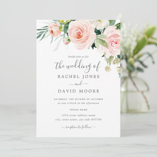Blush Pink Waterverf Floral Wedding Kaart (Staand voorkant)