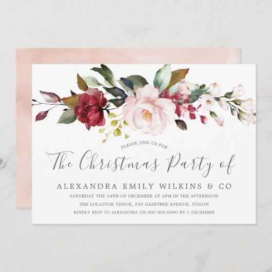 Blush Pink Waterverf Flowers kerstparty Kaart (Voorkant / Achterkant)