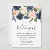 Blush Pink Waterverf Flowers Navy Wedding Kaart (Voorkant)