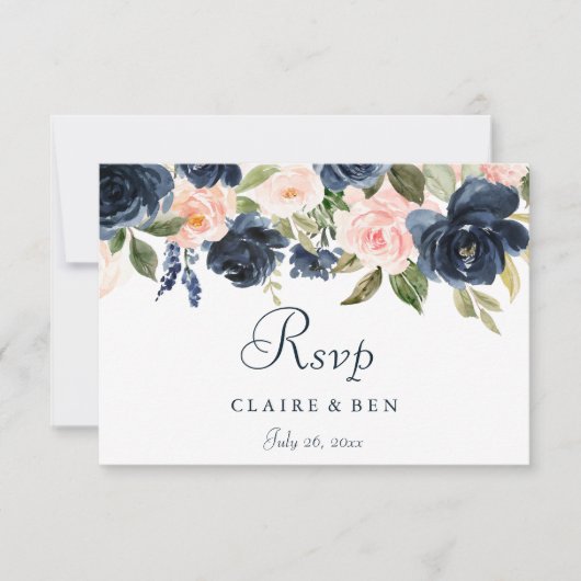 Blush Pink Waterverf Flowers Navy Wedding RSVP Kaartje (Voorkant)