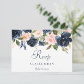 Blush Pink Waterverf Flowers Navy Wedding RSVP Kaartje (Staand voorkant)