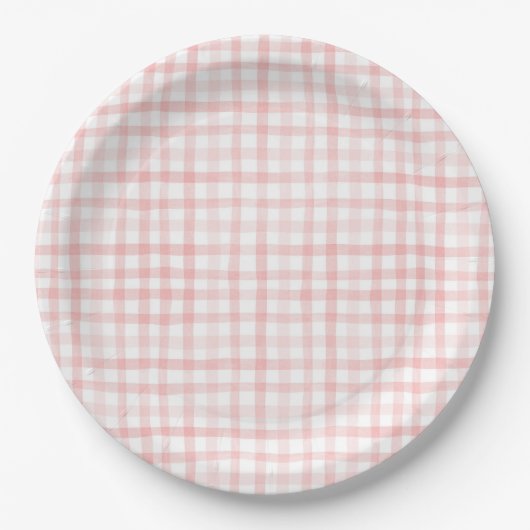 Blush Pink Waterverf Gingham Baby shower Papieren Bordje (Voorkant)