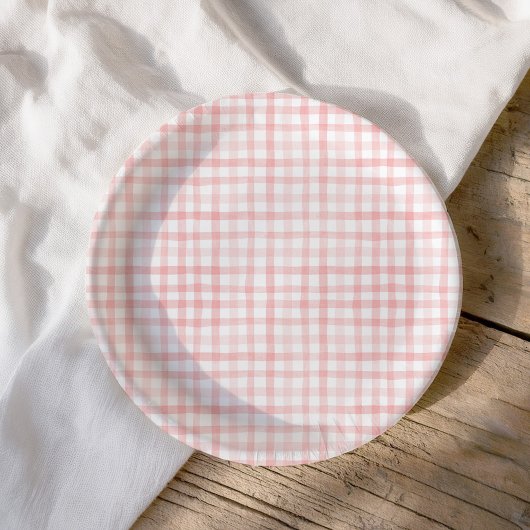 Blush Pink Waterverf Gingham Baby shower Papieren Bordje