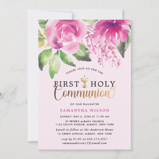 Blush Pink Waterverf Girl First Heilige Communie Kaart (Voorkant)