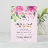 Blush Pink Waterverf Girl First Heilige Communie Kaart (Staand voorkant)