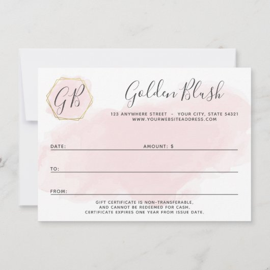 Blush Pink Waterverf & Gold Cadeat Certificate Kaa Kaart (Achterkant)