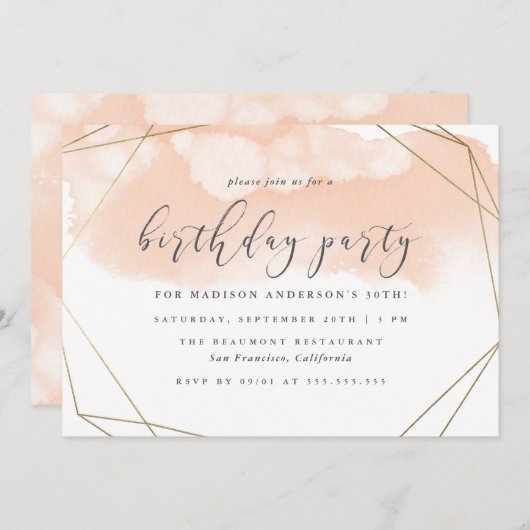 Blush Pink Waterverf Gold Geometric Birthday Kaart (Voorkant / Achterkant)