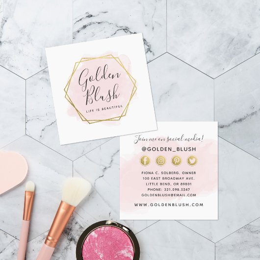 Blush Pink Waterverf & Gold Social Media Network Vierkante Visitekaartje
