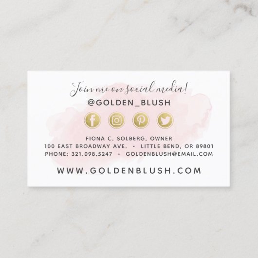 Blush Pink Waterverf & Gold Social Media Network Visitekaartje (Achterkant)