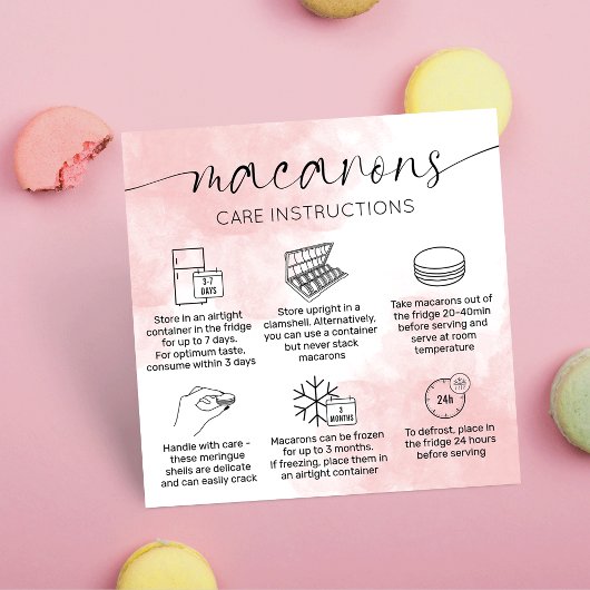 Blush Pink Waterverf Macarons zorginstructies Vierkante Visitekaartje