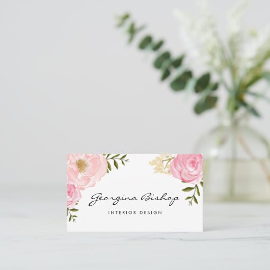 Blush Pink Waterverf Peonies en Roos Script Visitekaartje (Staand voorkant)