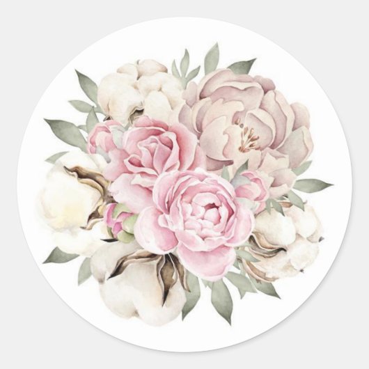 Blush Pink Waterverf Peony Cream Cotton Weddenscha Ronde Sticker (Voorkant)