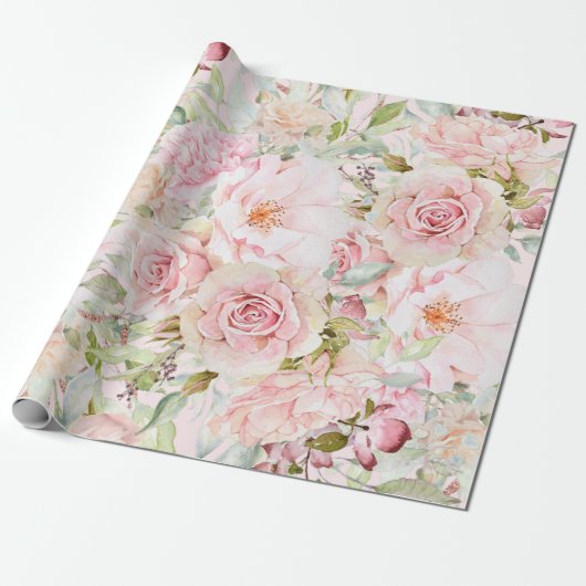 Blush Pink Waterverf Roos Bloem Bloem Cadeaupapier (Uitgerold)