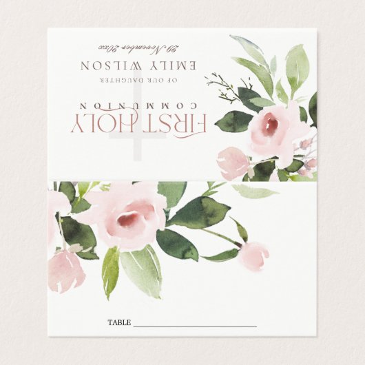 Blush Pink Waterverf Roos Eerste Heilige Communie Kaart (Buitenkant ongevouwen)
