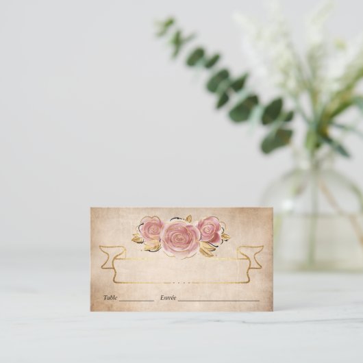 Blush Pink Waterverf Roos Gold Elegant Escort Plaatskaartje (Staand voorkant)