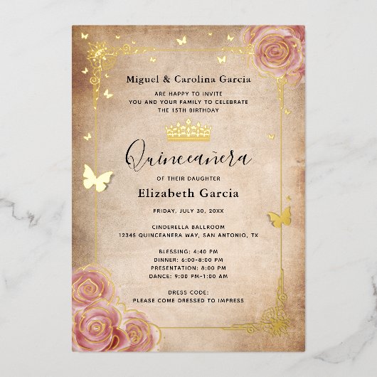 Blush Pink Waterverf Roos Gold Quinceañera Folie Uitnodiging (Voorkant)
