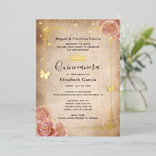 Blush Pink Waterverf Roos Gold Quinceañera Folie Uitnodiging (Staand Voorkant)